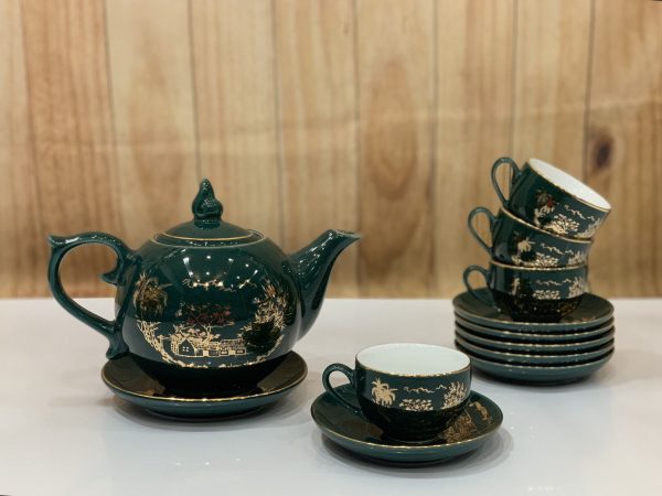 Bộ bình trà dáng bưởi- ngọn đuốc vẽ đồng quê xanh cổ vịt- viền vàng kim