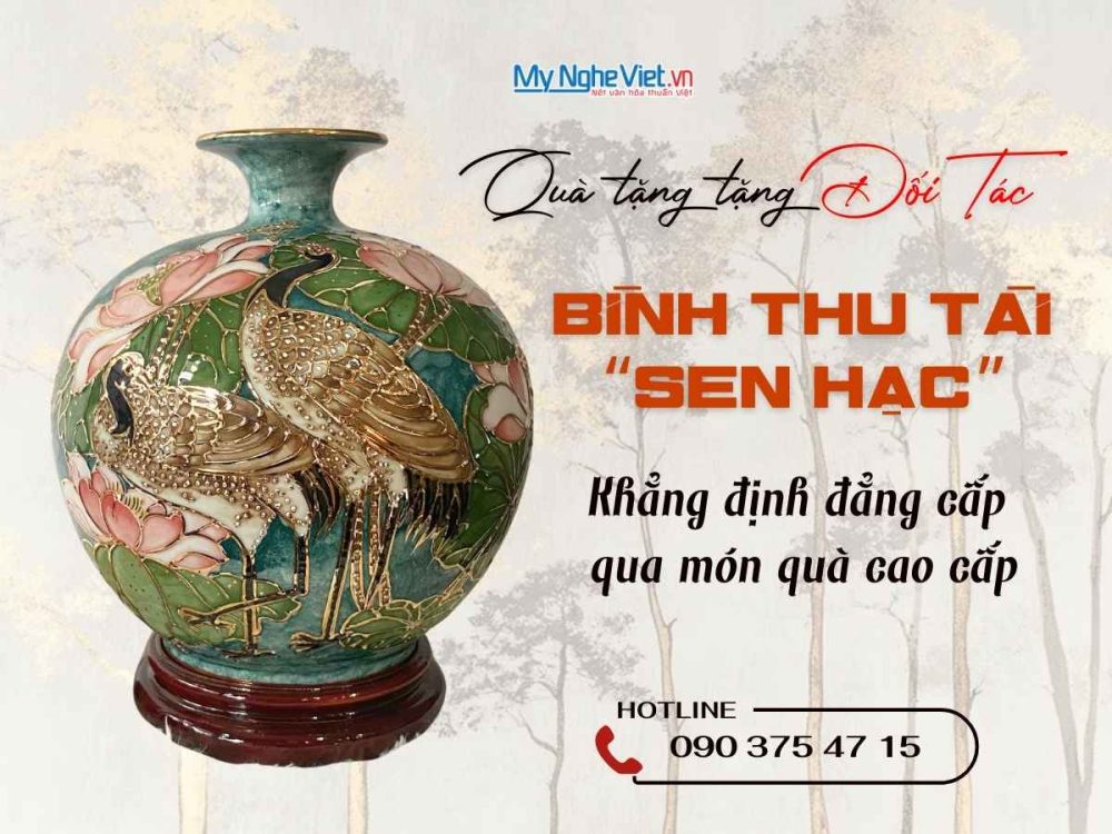 Bình thu tài hút lộc vẽ vàng kim hạc sen đắp nổi