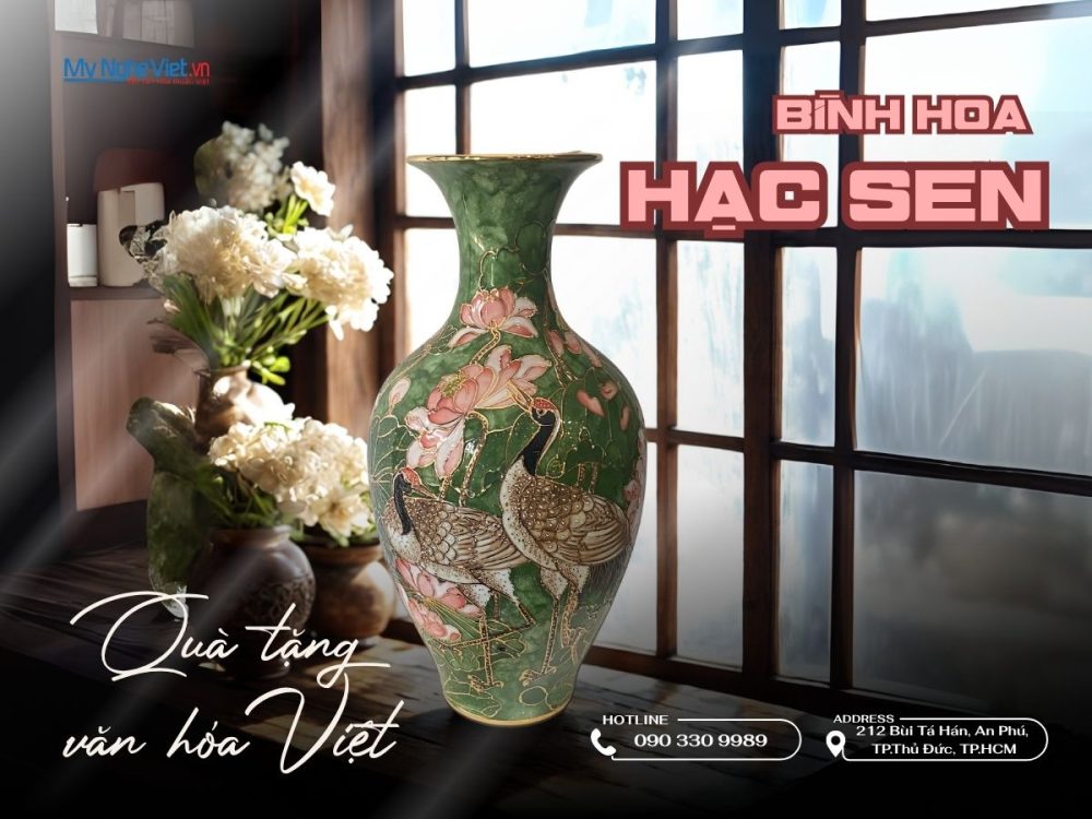 Lộc Bình Vẽ Vàng Kim Hạc Sen Men Vân Đá Cao Cấp