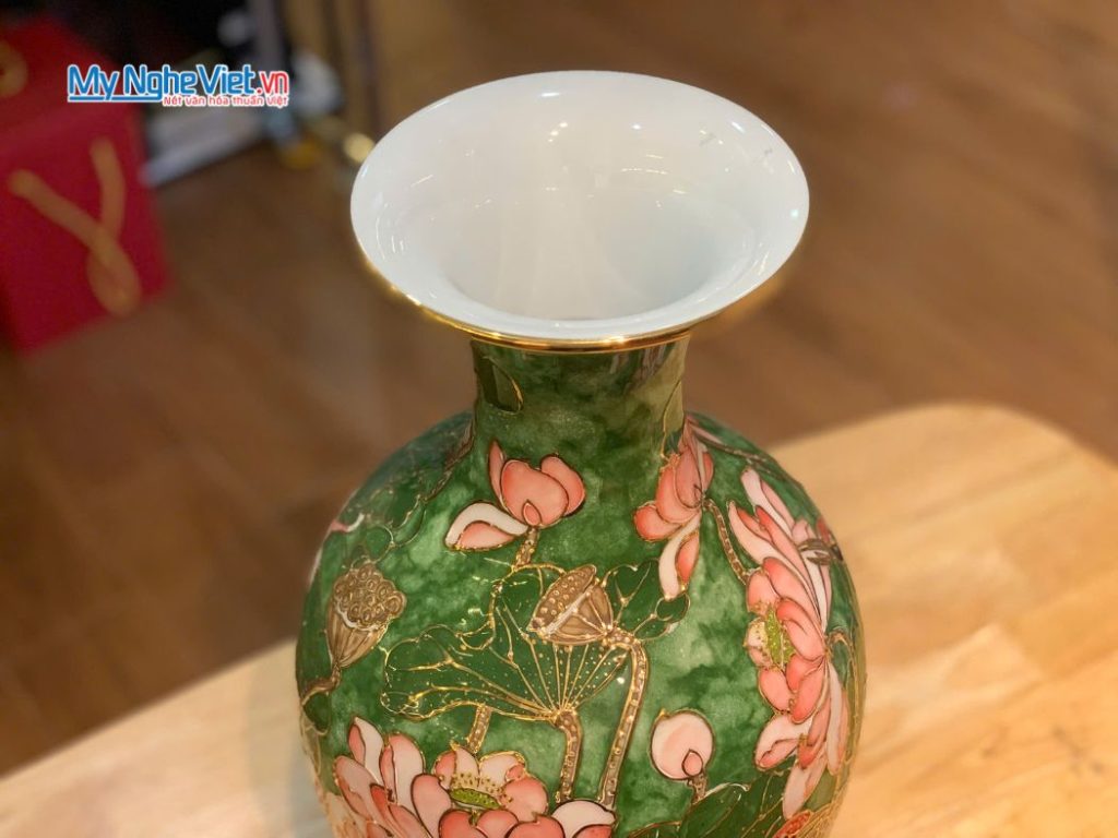 Lộc Bình Vẽ Vàng Kim Hạc Sen Men Vân Đá Cao Cấp