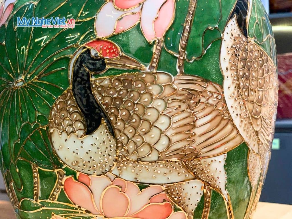 Lộc Bình Vẽ Vàng Kim Hạc Sen Men Vân Đá Cao Cấp