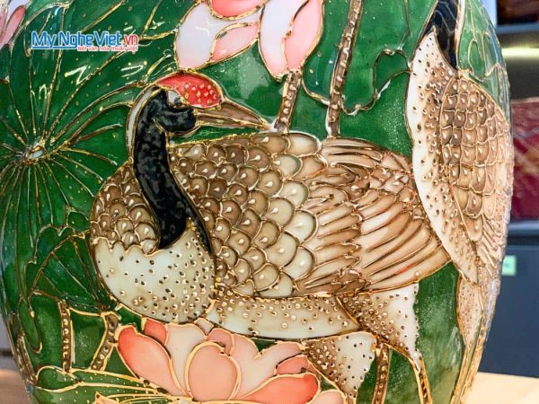 Lộc Bình Vẽ Vàng Kim Hạc Sen Men Vân Đá Cao Cấp