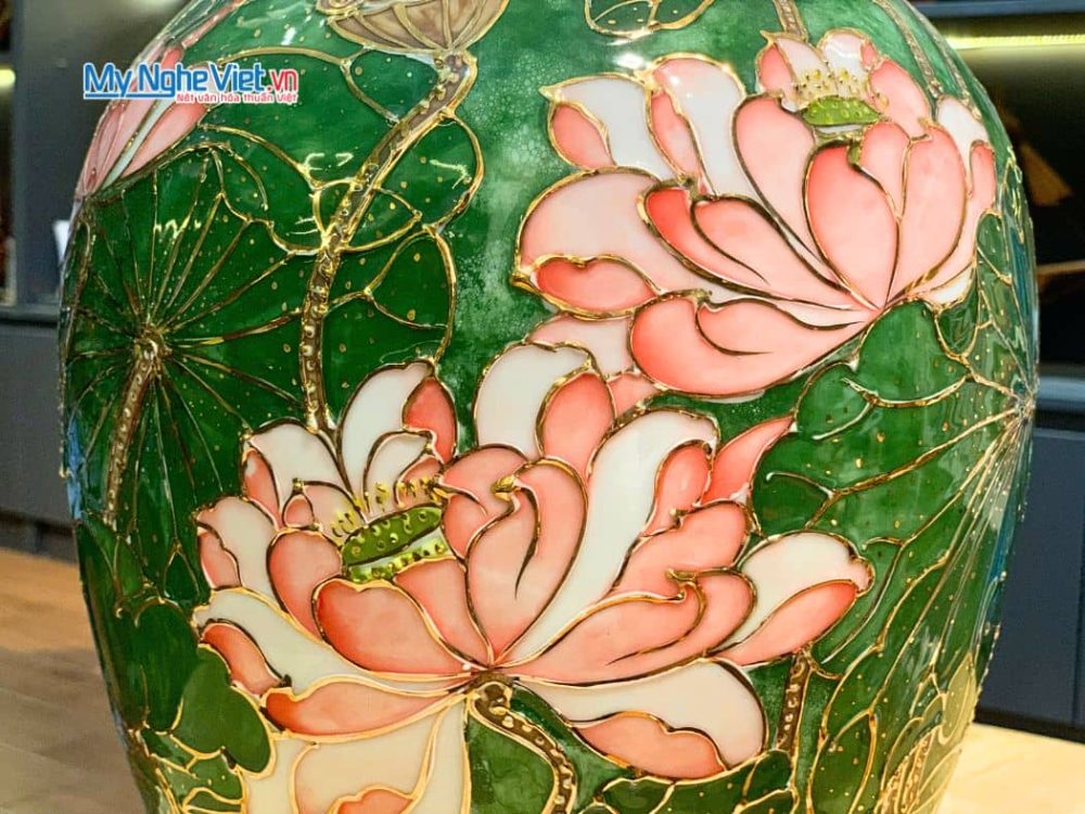 Lộc Bình Vẽ Vàng Kim Hạc Sen Men Vân Đá Cao Cấp