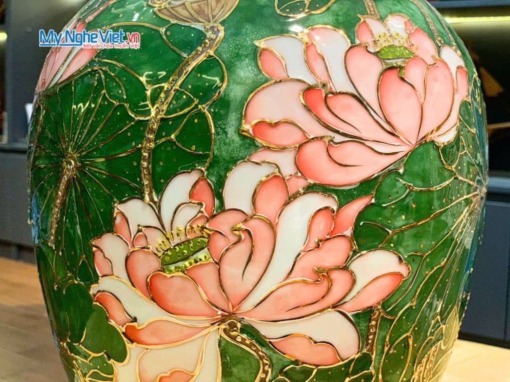 Lộc Bình Vẽ Vàng Kim Hạc Sen Men Vân Đá Cao Cấp