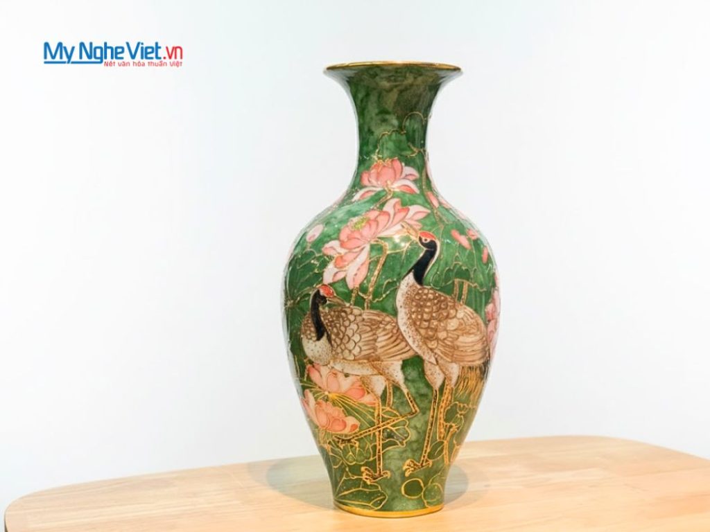 Lộc Bình Vẽ Vàng Kim Hạc Sen Men Vân Đá Cao Cấp