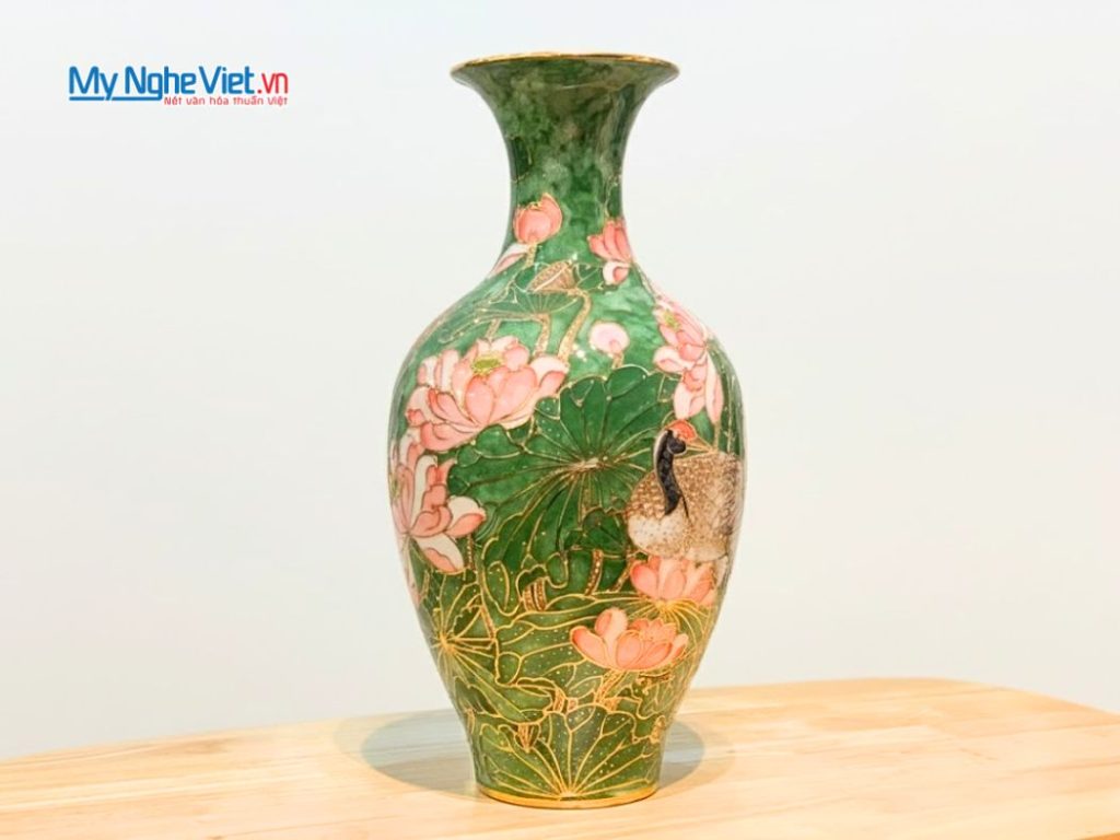 Lộc Bình Vẽ Vàng Kim Hạc Sen Men Vân Đá Cao Cấp