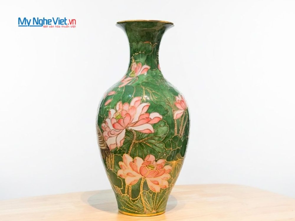 Lộc Bình Vẽ Vàng Kim Hạc Sen Men Vân Đá Cao Cấp