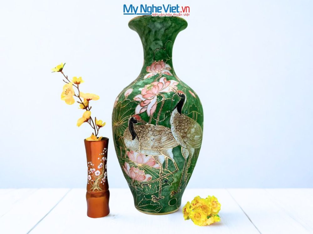 Lộc Bình Vẽ Vàng Kim Hạc Sen Men Vân Đá Cao Cấp