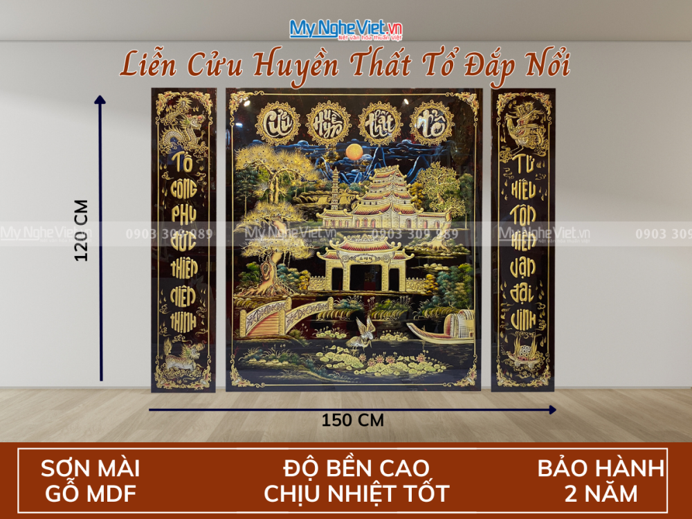 Bộ 3 Liễn sơn mài - Cửu huyền thất tổ đắp nổi cao cấp