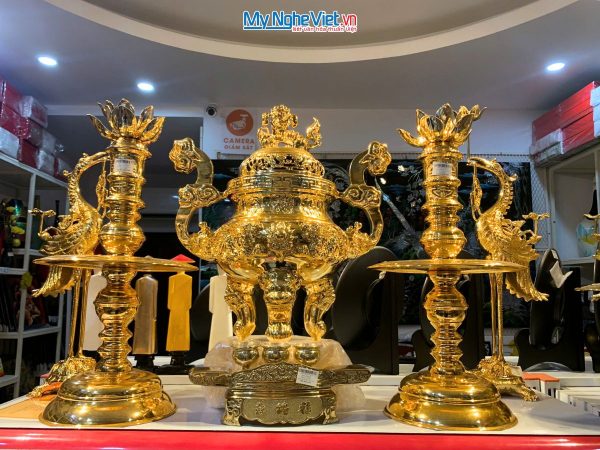 Bộ Lư (Đỉnh) Đồng Ngũ Sự Mạ Vàng