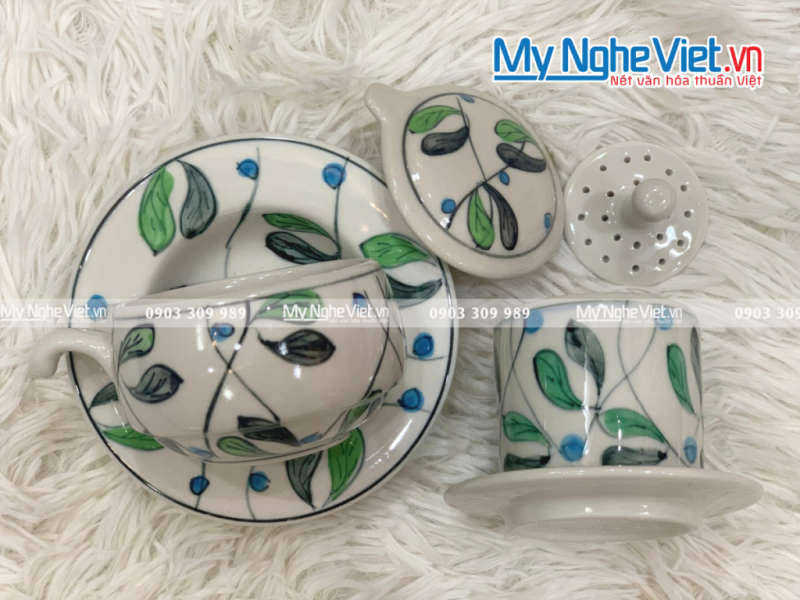 Combo Ly Lọc Trà Và Phin Cafe Vẽ Lá Ô Liu Cao Cấp - Ảnh 2