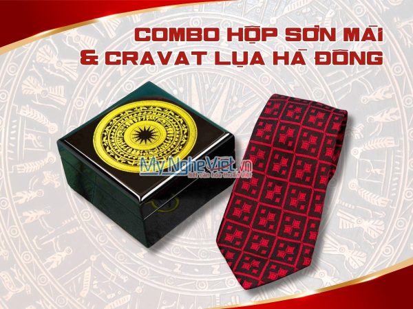 Combo hộp sơn mài + Caravat kẻ ô đỏ MNV-CBHSM07-09