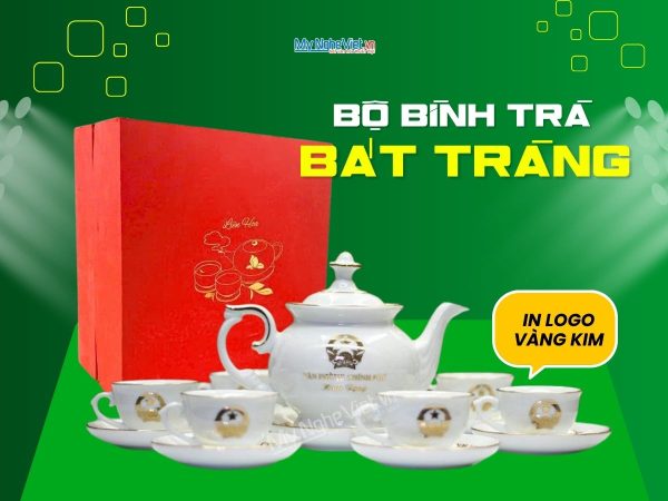 Bộ bình trà men trắng viền chỉ vàng dáng Cát Tường In Logo