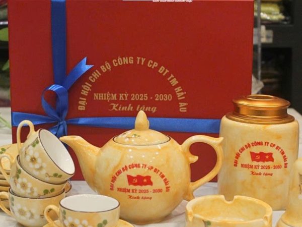 Bộ Bình Trà Cao Cấp In Logo Men Vân Đá Hoa Ban Đắp Nổi