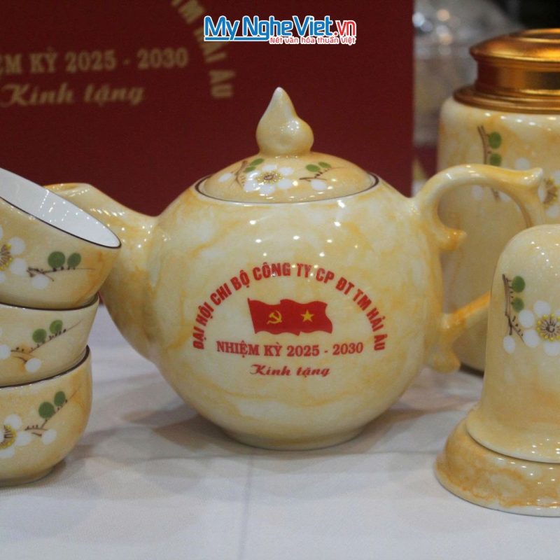 Bộ Bình Trà Cao Cấp In Logo Men Vân Đá Hoa Ban Đắp Nổi - Ảnh 3