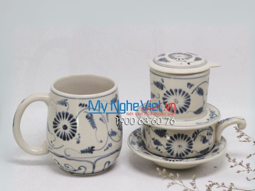 Combo Ly Lọc Trà Và Phin Cafe Vẽ Cúc Cao Cấp MNV-CBF08 - Quà tặng nhân viên
