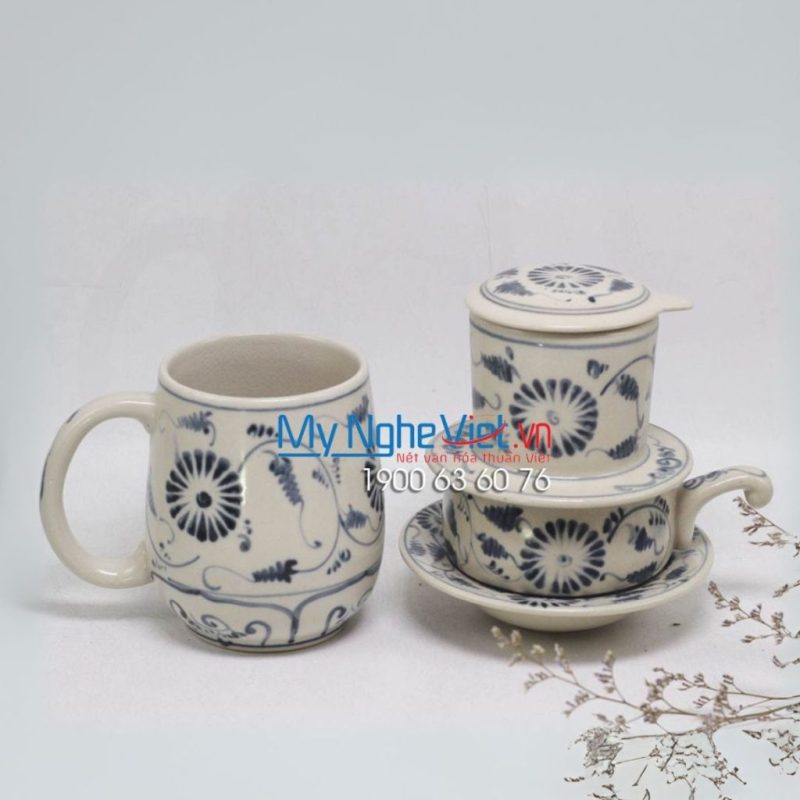 Combo Ly Lọc Trà Và Phin Cafe Vẽ Cúc Cao Cấp MNV-CBF08