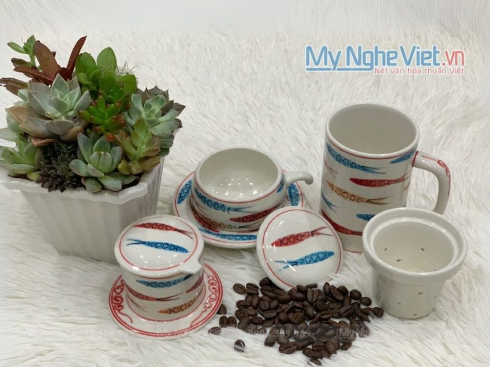 Quà Tặng Đại Hội – Combo Ly Lọc Trà Và Phin Cafe Vẽ Cá Cao Cấp CB2CM003