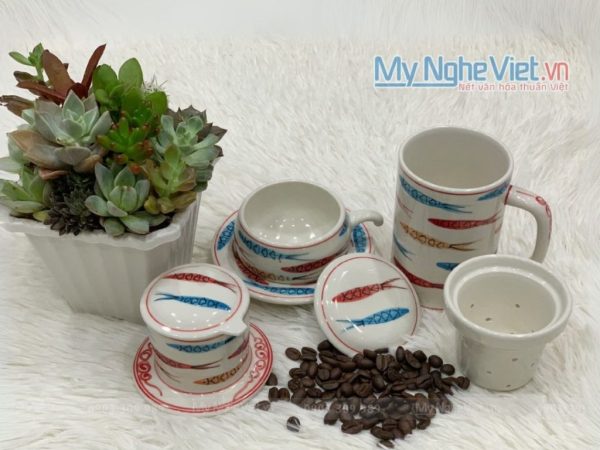 Quà Tặng Đại Hội – Combo Ly Lọc Trà Và Phin Cafe Vẽ Cá Cao Cấp CB2CM003