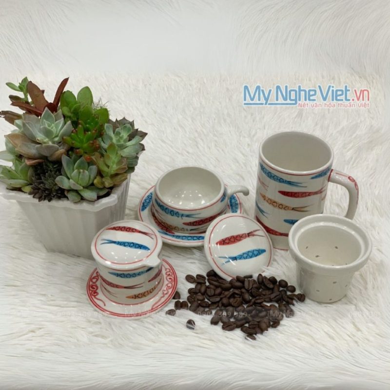 Quà Tặng Đại Hội – Combo Ly Lọc Trà Và Phin Cafe Vẽ Cá Cao Cấp CB2CM003