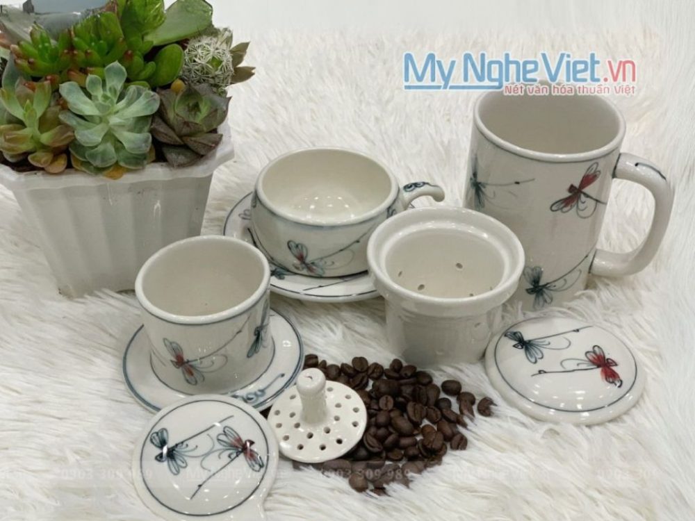 Combo Ly Lọc Trà Và Phin Cafe Vẽ Chuồn Kim Đỏ Đen Cao Cấp CB2CK004