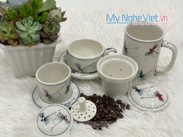 Combo Ly Lọc Trà Và Phin Cafe Vẽ Chuồn Kim Đỏ Đen Cao Cấp CB2CK004
