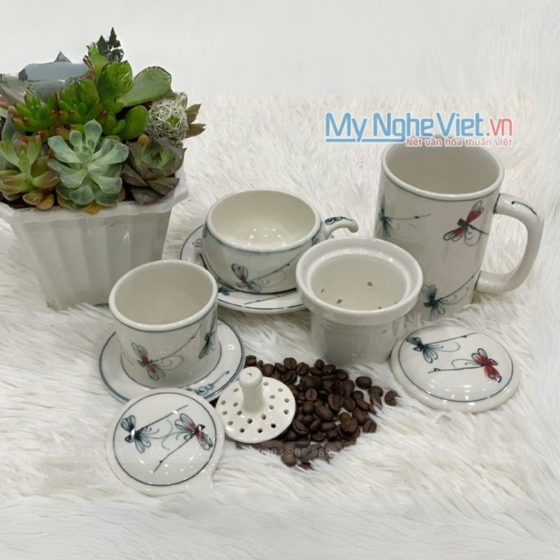 Combo Ly Lọc Trà Và Phin Cafe Vẽ Chuồn Kim Đỏ Đen Cao Cấp CB2CK004