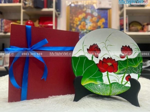 Tranh Đĩa Sơn Mài Hoa Sen Nền Trắng Cao Cấp – TD25-TBL5