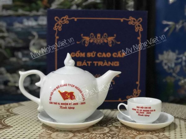Bộ bình trà Bát Tràng in logo Công Ty Hoàng Gia ĐL In Logo