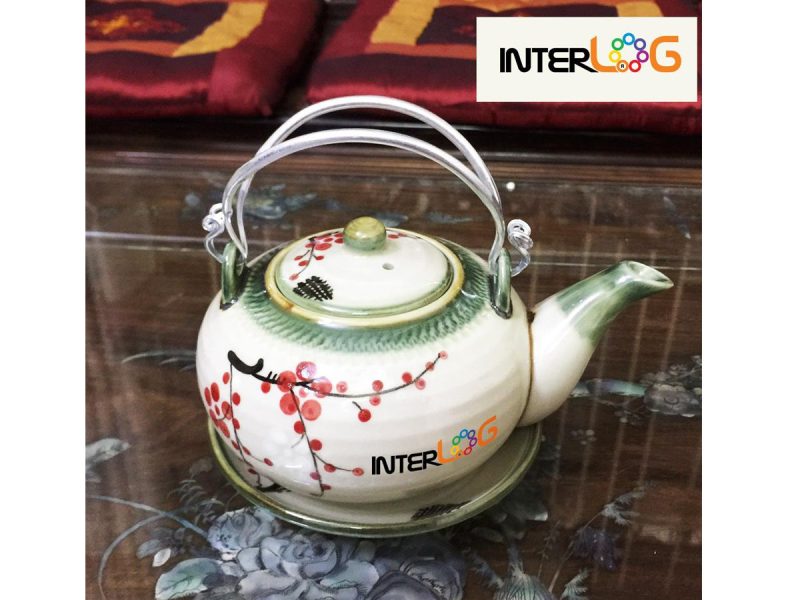 Bộ bình trà ( ấm chén ) men bóng vẽ hoa đào in logo HDInterlog - Ảnh 3
