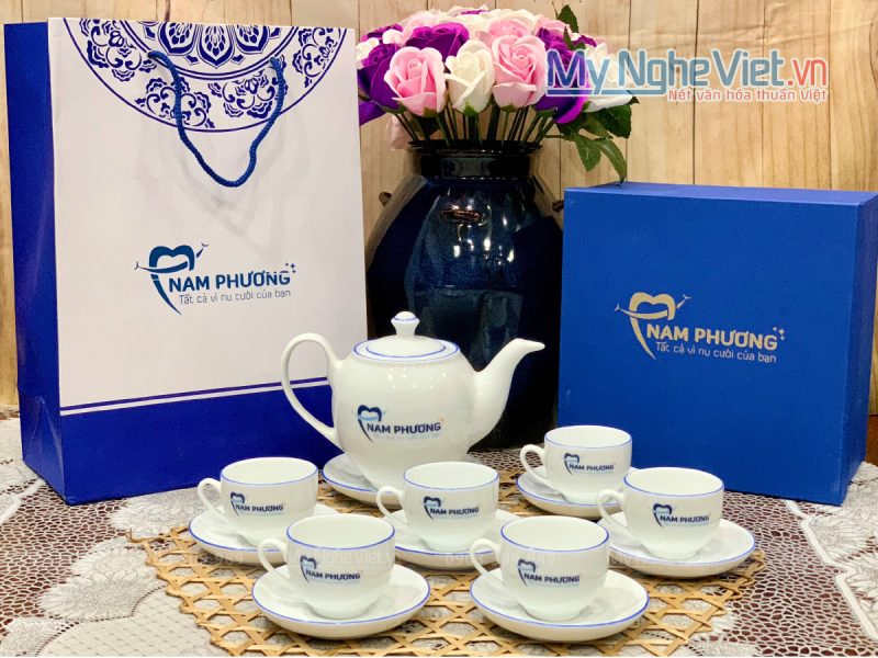 Bộ ấm chén - Bình trà dáng Minh Long chỉ xanh in logo Nam Phương HDNP02 - Ảnh 2