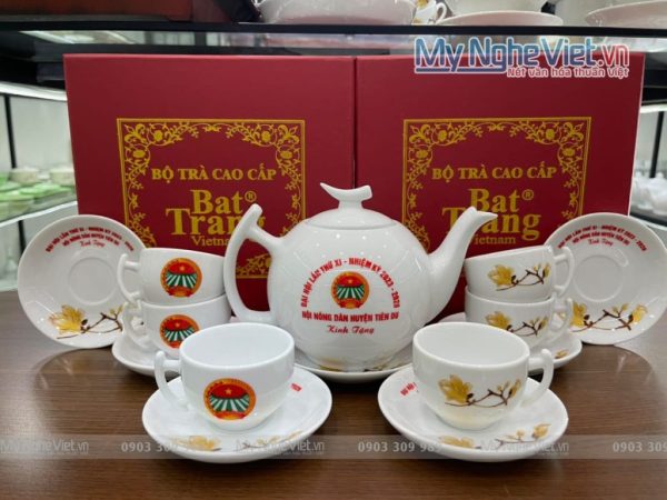 Bộ bình trà (ấm chén) dáng bưởi cành họa tiết hoa mộc lan in logo