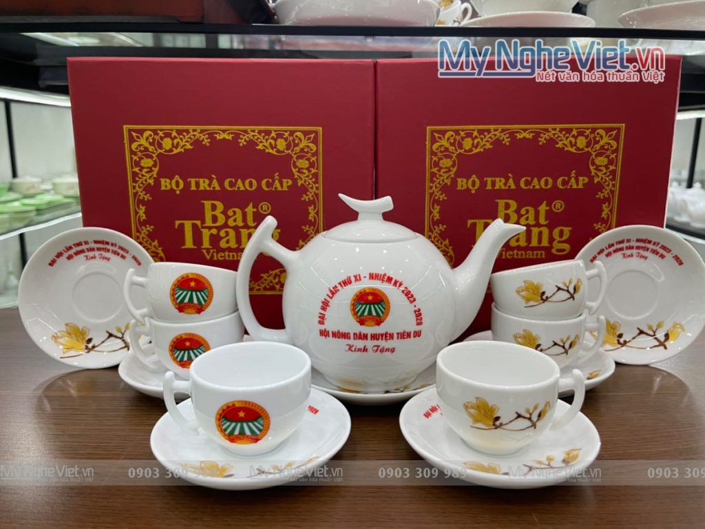 Bộ bình trà (ấm chén) dáng bưởi cành họa tiết hoa mộc lan in logo
