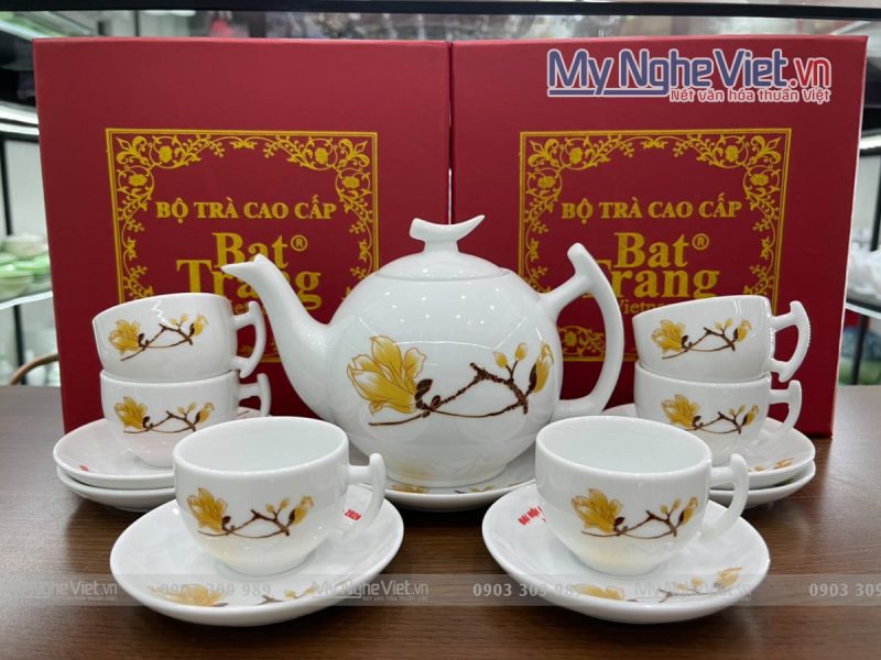 Bộ bình trà (ấm chén) dáng bưởi cành họa tiết hoa mộc lan in logo - Ảnh 2