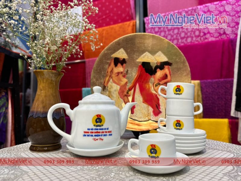 Bộ bình trà Bát Tràng (ấm chén) dáng tiệp in logo - Ảnh 2