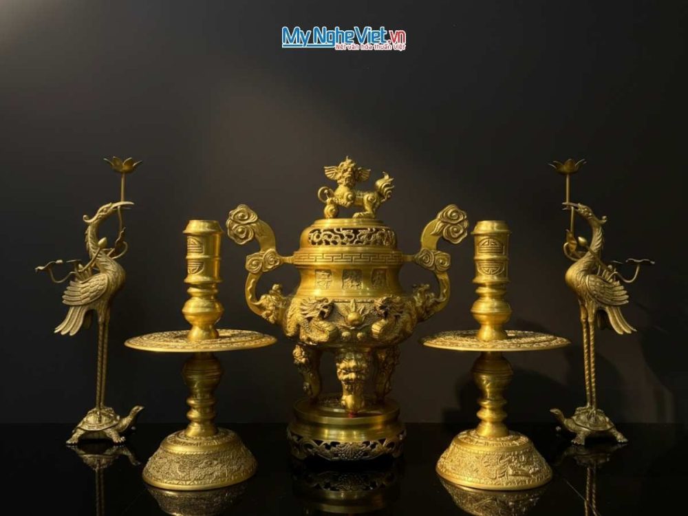 Bộ Ngũ Sự Vàng Đậm Song Long Chầu Nguyệt Đỉnh 40cm