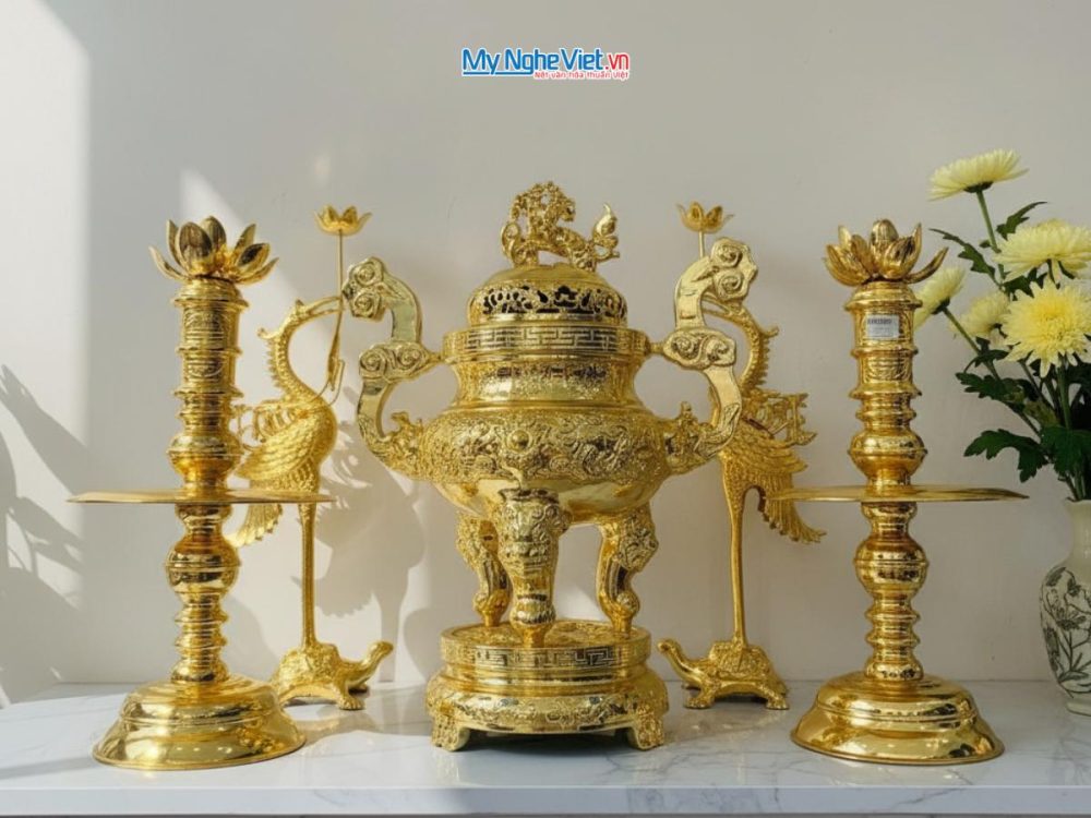 Bộ Lư (Đỉnh) Đồng Ngũ Sự Mạ Vàng - Bộ thờ cúng MNV-DD18/50MV