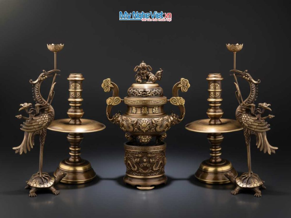 Bộ Ngũ Sự Bằng Đồng Cạo Màu Ngũ Sự Và Bát Hương Đỉnh 50cm