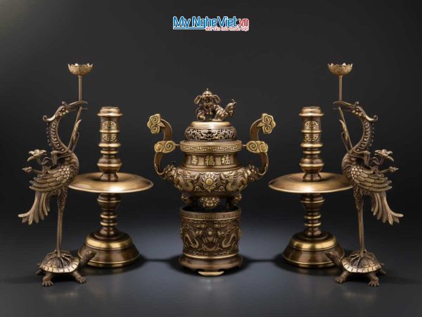 Bộ Ngũ Sự Bằng Đồng Cạo Màu Ngũ Sự Và Bát Hương Đỉnh 50cm