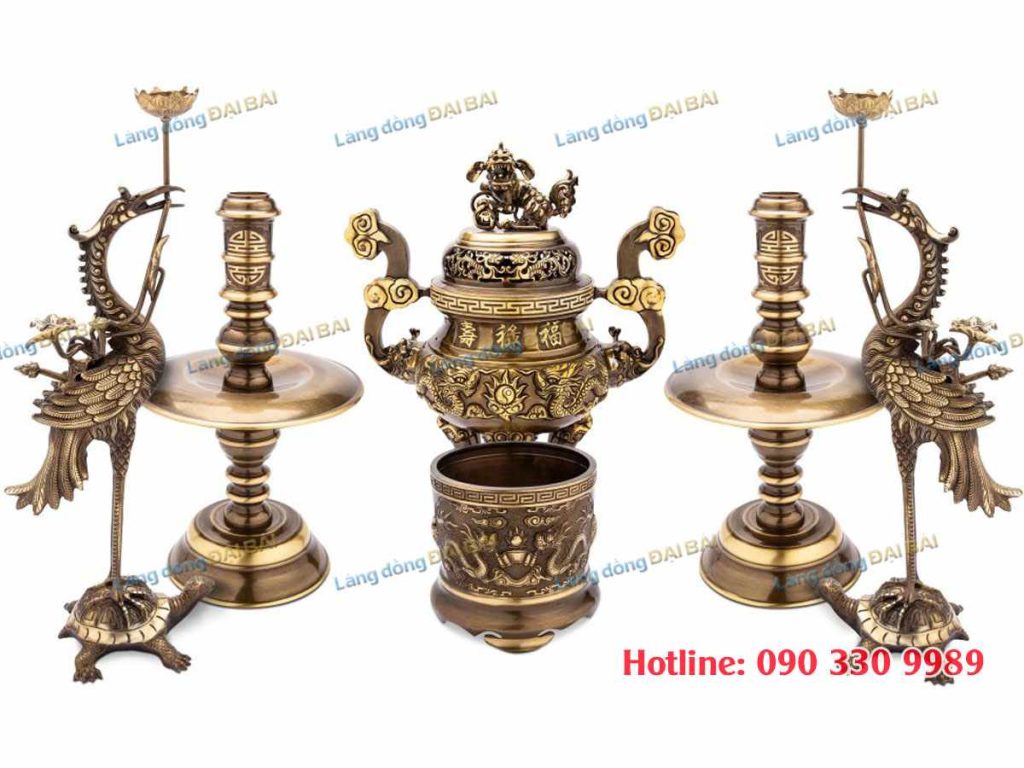 Bộ Lư (Đỉnh) Đồng Ngũ Sự Cạo Màu