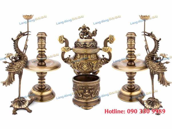 Bộ Lư (Đỉnh) Đồng Ngũ Sự Cạo Màu