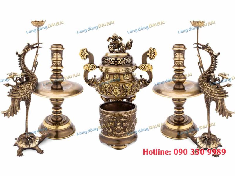 Bộ Lư (Đỉnh) Đồng Ngũ Sự Cạo Màu