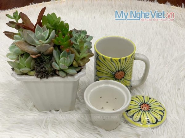 Combo Ly Lọc Trà Và Phin Cafe Vẽ Hoa Hướng Dương Cao Cấp CB2HD001-1