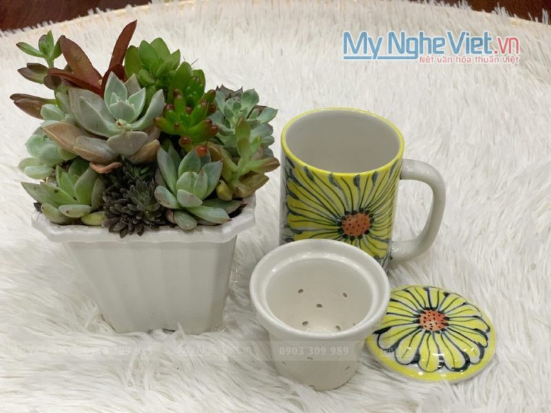 Combo Ly Lọc Trà Và Phin Cafe Vẽ Hoa Hướng Dương Cao Cấp CB2HD001-1