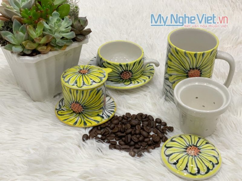Combo Ly Lọc Trà Và Phin Cafe Vẽ Hoa Hướng Dương Cao Cấp CB2HD001-1 - Ảnh 2
