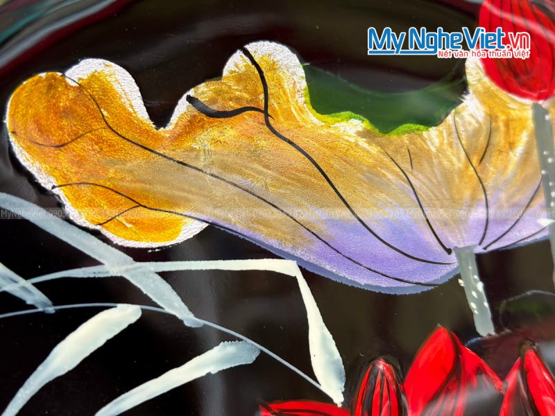 Tranh đĩa sơn mài hoa sen đắp nổi - Ảnh 3