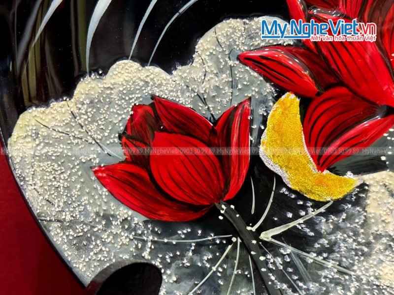 Tranh đĩa sơn mài hoa sen đắp nổi - Ảnh 2