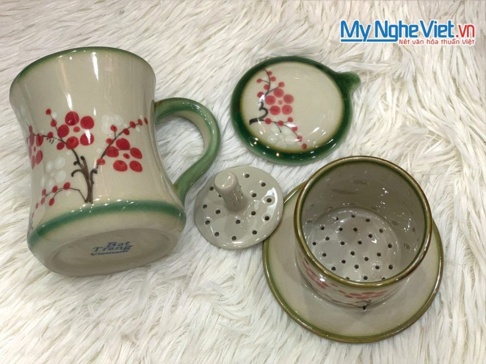 Combo Ly Lọc Trà Và Phin Cafe Vẽ Hoa Anh Đào Cao Cấp