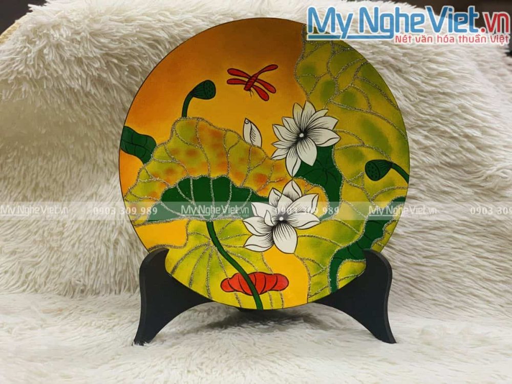 Tranh đĩa hoa sen hàng đặt cao cấp đắp nổi D30cm TDSMCCD30/3