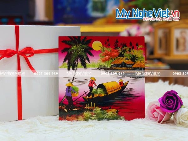 Tranh sơn mài vẽ cảnh đồng quê đủ mẫu 20x20 TSM223-3